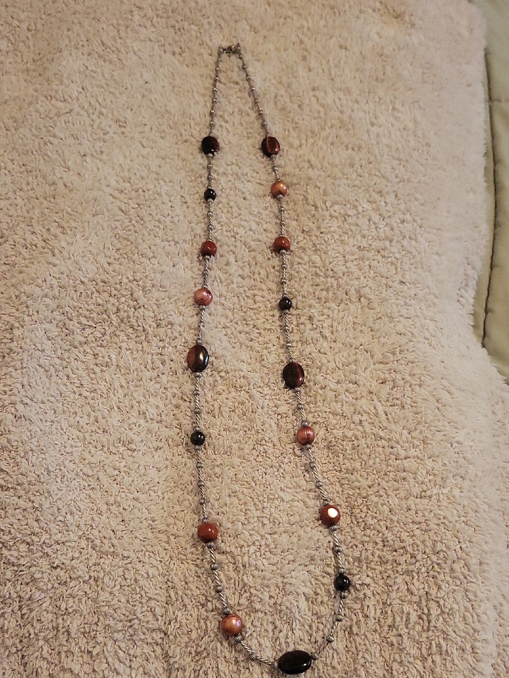 Long 35 Inch Red Jasper , Red Peqrl And Red Tigers Eye Necklace
